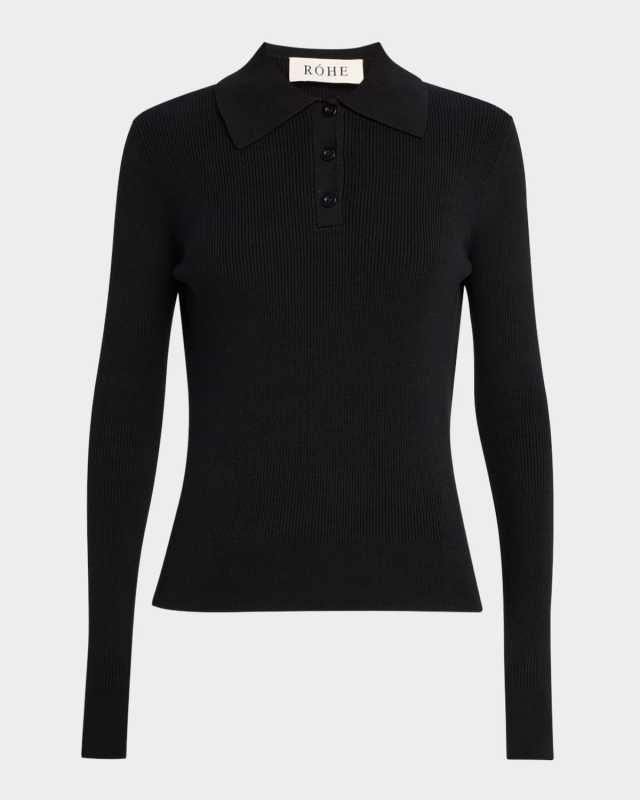 Long-Sleeve Rib-Knit Polo Top